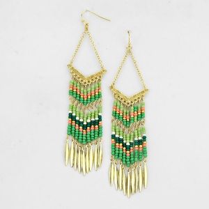 Green & Gold Beaded Dangle Earrings 3” Long Boho